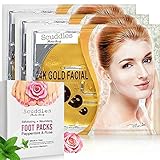 Exfoliating Nourishing Foot Mask - Foot Peel Mask Includes 4 Pairs Of Scented Peppermint & Rose Foot Gloves Peels off Callus - Dead Skin BONUS 3 Pack Of 24K Gold Collagen Gel Masks Sheets