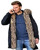 Aofur Mens Winter Warm Thick Faux Fur Slim Trench Coat Long Jacket Parka Hooded Pea Coat Winter Coat S-XXXL