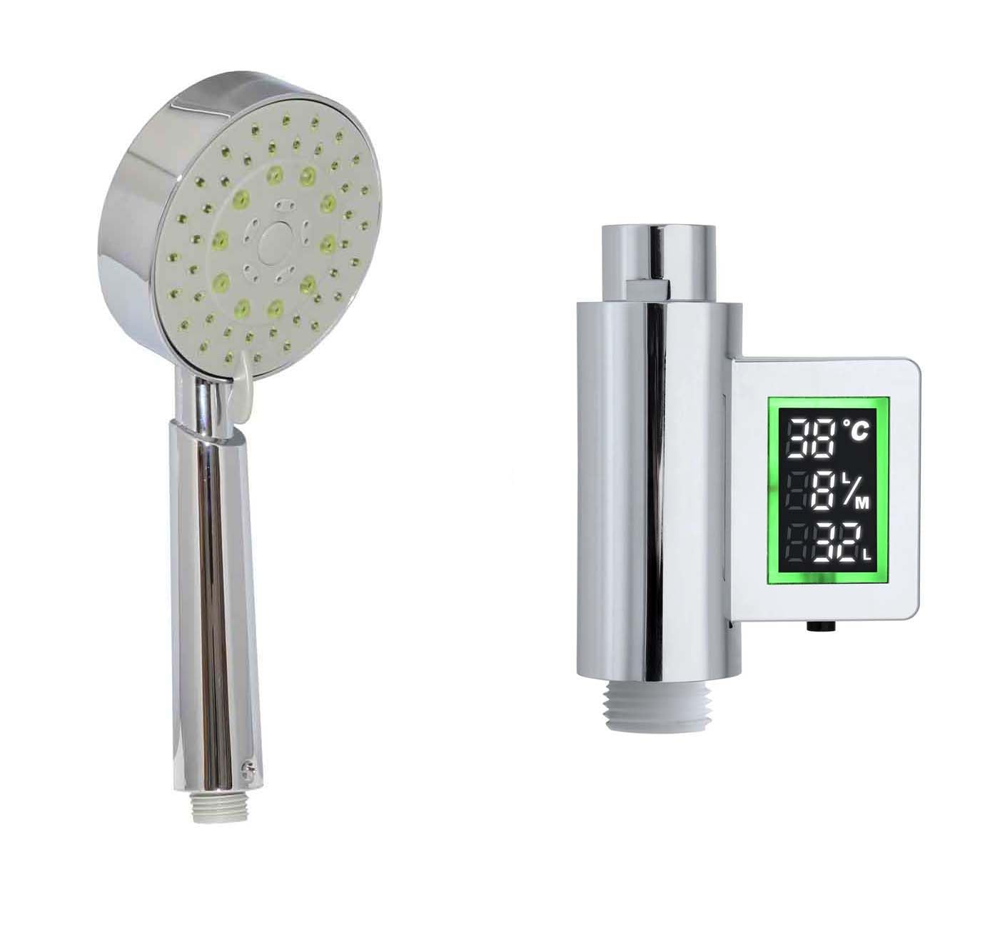 Shower Head with Self Powered Flow Meter, Water and Energy Saving Design (Five Function, Chrome)