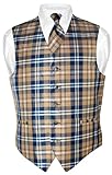 Men's Plaid Design Dress Vest & Necktie Navy Brown White Neck Tie Set XL