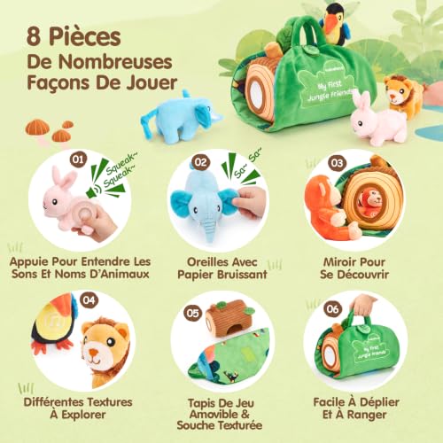 hahaland Jouet Bébé 6 Mois, Animaux Jungle en Peluche avec Sons & Mots, Coffret Maison Arbre 8 Pièces avec 6 Animaux Sonores, Tapis Sensoriel, Jouet Montessori Bébé 6-12 Mois Cadeau Bébé 1 an