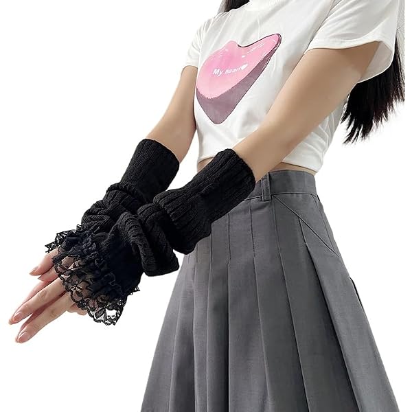 Y2K Lace Ruffle Arm Warmers Cute Knit Fingerless Gloves Gyaru