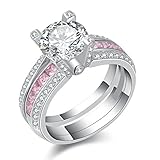 Newshe Jewellery Round Pink Cz 925 Sterling Silver Wedding Band Engagement Ring Sets Size 5-12