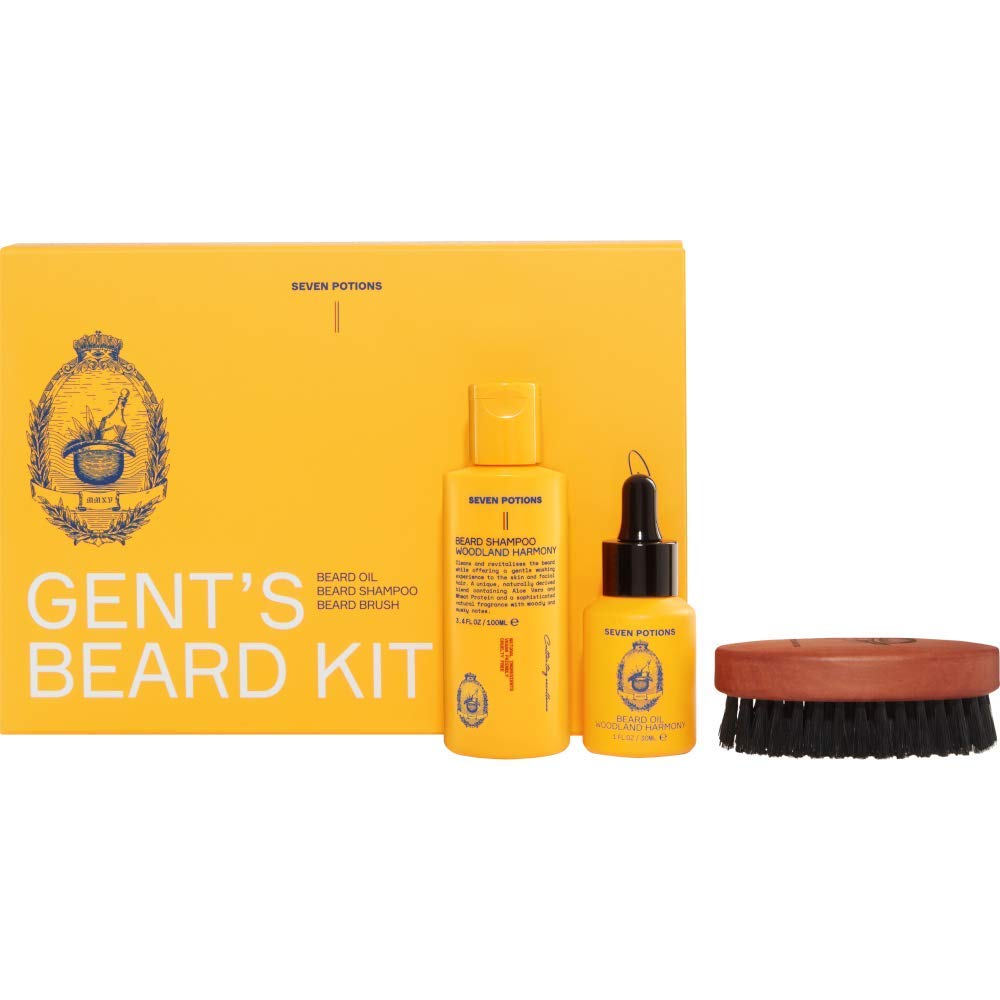 Seven Potions Beard Grooming Set — Contains Beard Shampoo, Beard Oil and Beard Brush — The Ultimate Beard Care Kit or Gift for Men — Woodland Harmony Scent (Woodland Harmony)