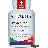 VITALITY Power Iron Bisglycinate High Dose 45mg - with B12 1000mcg, Vitamin C, Folate Folic Acid, High Absorption Blood Build