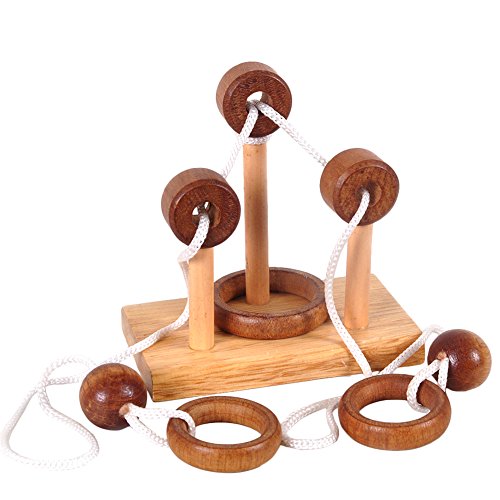 KINGOU 4 Pack Classical Wooden Puzzle Set Solution Rope Central Brain Teaser for Adults Game