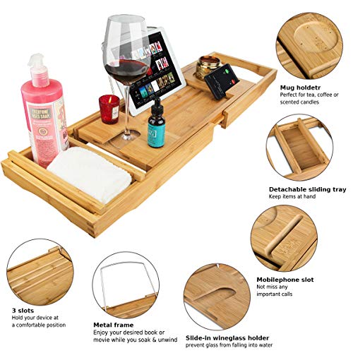 Bathtub Tray Caddy,Bamboo Bathtub Caddy Organizer with Wine Glass and Book Reading Holder ipad Adjustable Extending Sides,Bath Tray Table Accessories for Tub Shower,Free Soap Holder,Extra Wide Board - Thumbnail 3