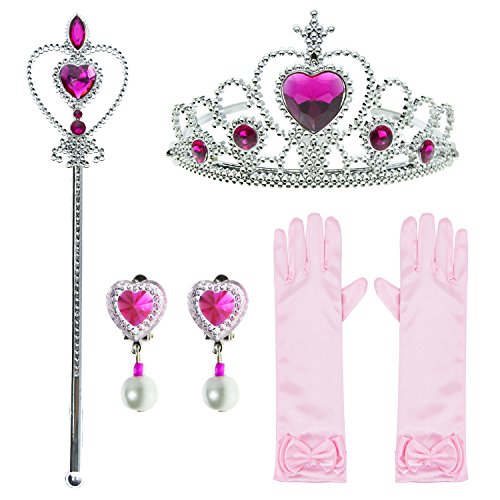 Little Girls Toddler Princess Rapunzel,Aurora Dress Up Party Accessories set With Gloves,Crown,Wand,Clip Earrings (4pcs)
