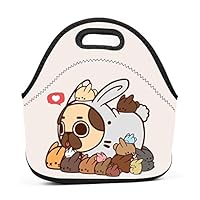 Kawaii Rabbits and Pug Insulated Neoprene Lunch Bag for Men Women and Kids - Reusable Soft Lunch Box for Work and School Water-Resistant 3D Printed
