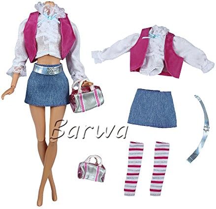 7in1 Set Fashion Clothes/outfit Blouse+vest+skirt+belt+leggings+bag+shoes for Barbie Doll