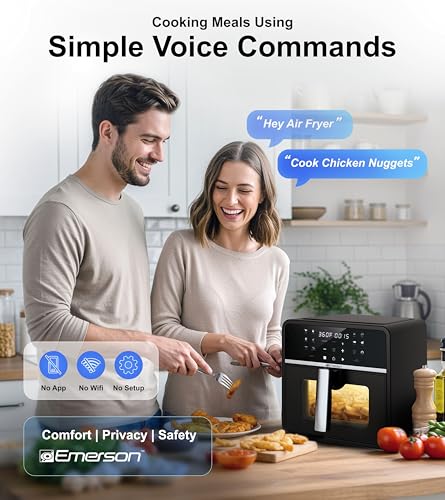 Emerson SmartVoice 10QT 6-in-1 Air Fryer, 1000+ Voice Control Commands, 100+ Recognized Food, No APP, No WIFI, No Setup, Nonstick Basket, Air Fry, Bake, Reheat, Dehydrate, 1700W
