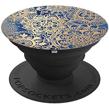 Blue Yellow Mandala Pattern Dark Navy Flower Cell Phone Grip PopSockets Grip and Stand for Phones and Tablets