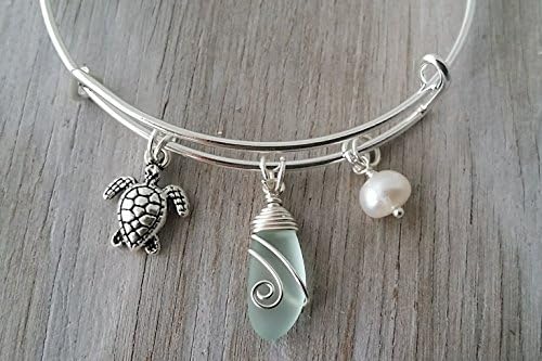 YInahawaii Handmadewire wrapped seafoam sea glass bracelet, (Hawaii Gift Wrapped, Customizable Gift Message)