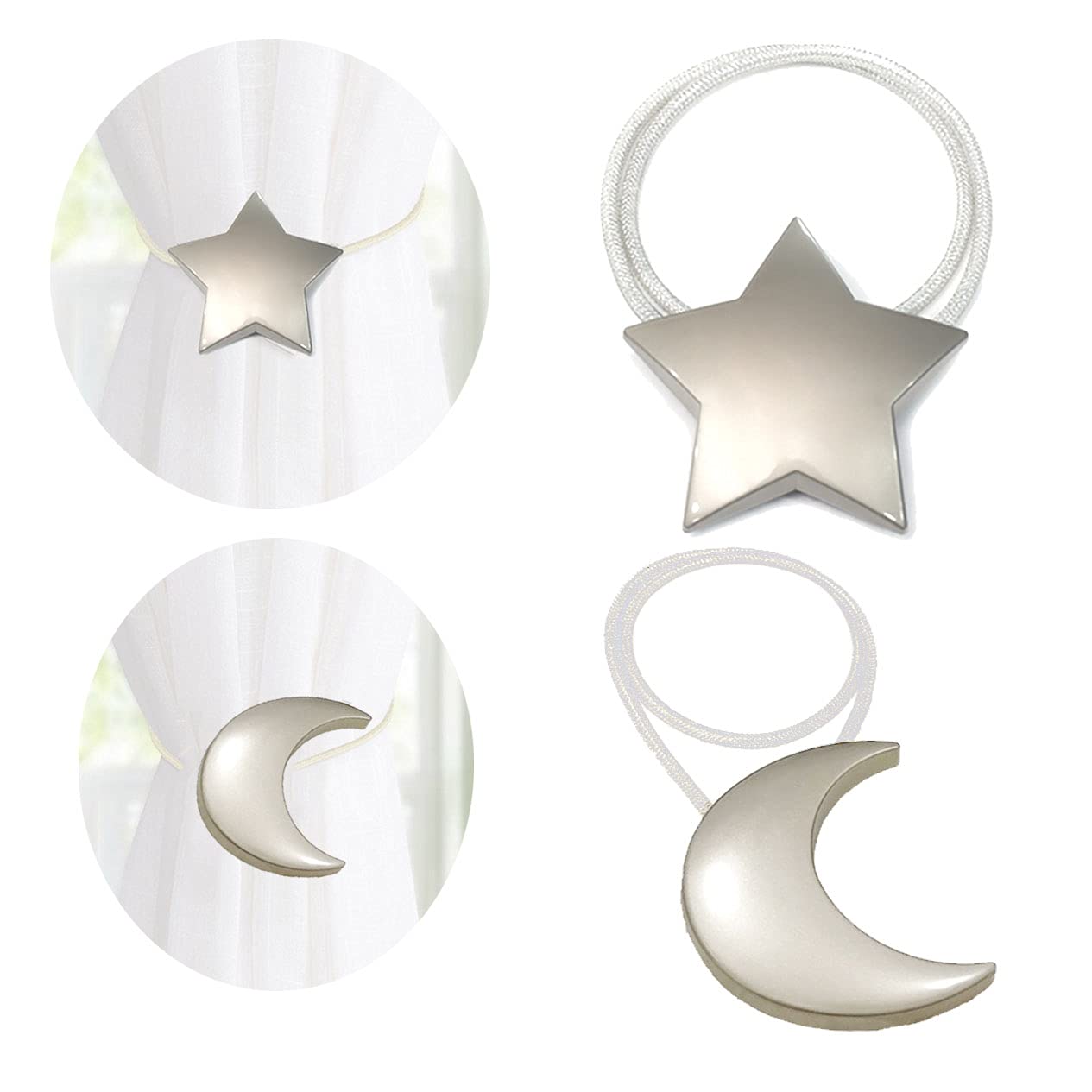 Magnetic Curtain Tiebacks 1 Pair Curtain Clips Rope Holdbacks Moon and Star Shape Window Curtain Tie Backs Silver for Home Office art Decorative Drapes