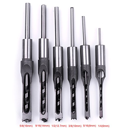 Atoplee 6pcs Woodworker Square Hole Drill Bits Mortising Chisel Set, Mortise Chisel and Bit Set,6 Sizes,1/4 5/16 3/8 1/2 9/16 5/8 inch