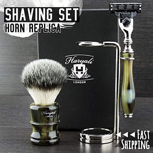 Men's Horn Luxury Shaving Set -3 Piece & Ready to Use- Synthetic Silver Tip Badger & Razor > Comes with a pre-Loaded Cartridge Triple Action Technology New Design by Haryali London