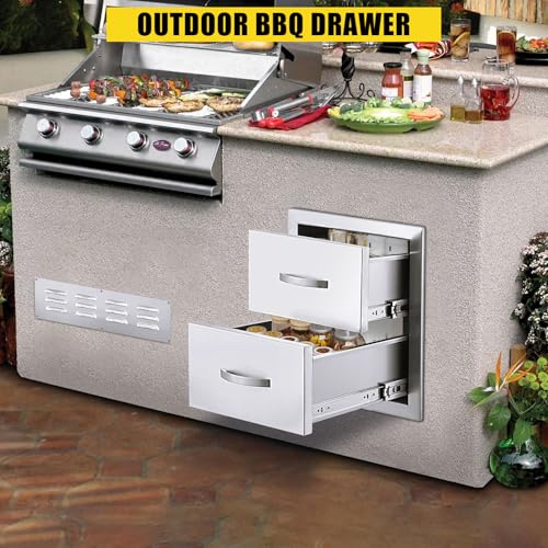 Garvee Stainless Steel Outdoor Kitchen Drawers, Flush Mount Built-in BBQ Drawer with Ventilation Panel - Weatherproof Drawer for Grill Island, Patio Cabinet Storage, 2-Drawer, 14"W×15"H