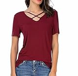 Carterstory Women's Summer Tops Cross Front Deep V-Neck Short Sleeve Tees Top Burgundy M (001)