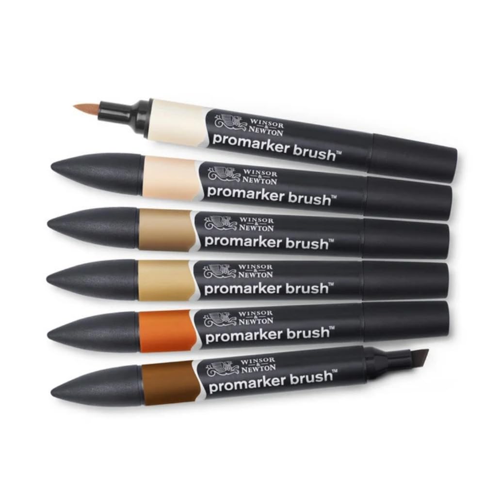Winsor & Newton, Promarker Brush, Skin Tones, Set of 6, Alcohol Based Dual Tip Markers
