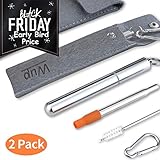 Metal Reusable Straws Stainless Steel Collapsible Travel Straws with Case Portable Telescopic Drinking Straw with Keychain and Cleaning Brush,Silicone Tips,Felt Bag,2 pack