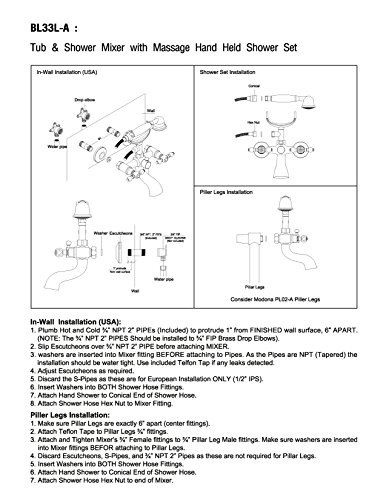 MODONA 6" European Style Tub & Shower Mixer with Porcelain Hand Held Shower Set – Lever Handles - Made of Brass - Thumbnail 6