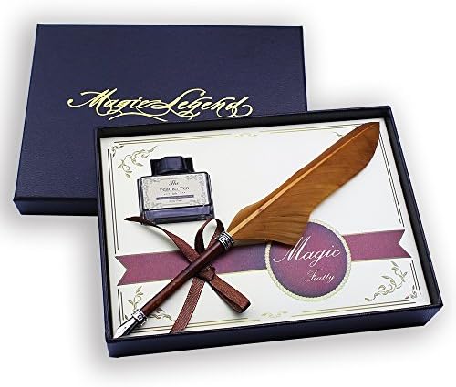 Featty Gifts Cool Stationery Set Feather Dip Pen Quill Writing Pen(Shallow Curry)