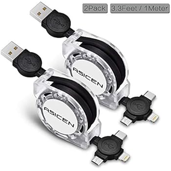 Micro USB Cable, ASICEN 2 Pack 3-in-1 Retractable Lightning to USB Cable Type C Sync Fast Charging Cord for iPhone, iPad Mini/Pro/Air, Samsung, Moto, Blackberry, Nokia, LG, Google, HTC (Black)
