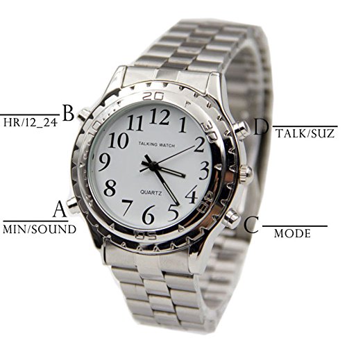Talking Wrist Watch with Alarm, Analog Hands and Digital Talking Clock (Stainless Steel)