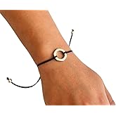 Handmade 925 Sterling Silver Minimalist Circle Bracelet for Women, Pull Adjustable Kindred Cord Thread, Charm Black String Bracelet, Karma Bracelet, Spiritual Yoga Gift