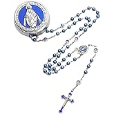 6mm Glass Pearl Beads Catholic Rosary Necklace for Women Men with Virgin Mary Center Piece and Crucifix Pack in Metal Gift Box