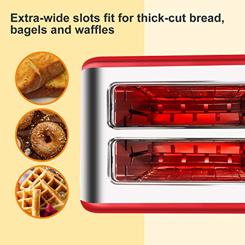 Bonsenkitchen 2 Slice Red Toaster, Extra Wide Slot 5.5''*1.4'' for