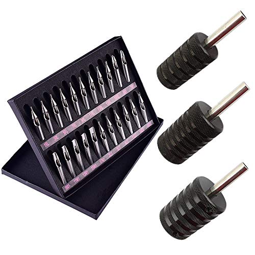 Tattoo Tips Stainless Steel Grip - BoChang 22Pcs Tattoo Stainless Steel Tip Kit with 3Pcs Mixed Tattoo Machine Tubes Handle Grips Tattoo Tip Kits Assorted Round/Flat/Diamond Tip RT FT DT for Tattooing - Thumbnail 7