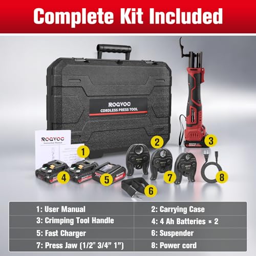 ROGVOC ProPress Tool, 18V Copper Pipe Crimper with 3 VUS Jaws | Includes 1/2, 3/4 and 1 inch jaws, two 2 Ah batteries, fast charger and carrying case