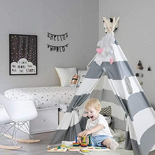 MECHHRE Teepee Tent For Kids Boy’s And Girl’s Play Tent With Gift “Cloud” Wigwam For Kids Children Indian House Indoor Kids Bedroom Tent Navy Striped 100% Cotton (Grey-White)