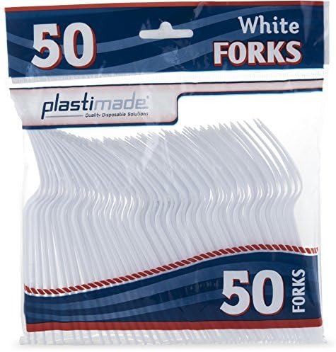 [50 White Forks] Plastimade Disposable Heavy Duty Plastic Cutlery,Great for Every Day Use, Home, Office, Party, Picnics, or Outdoor Events,
