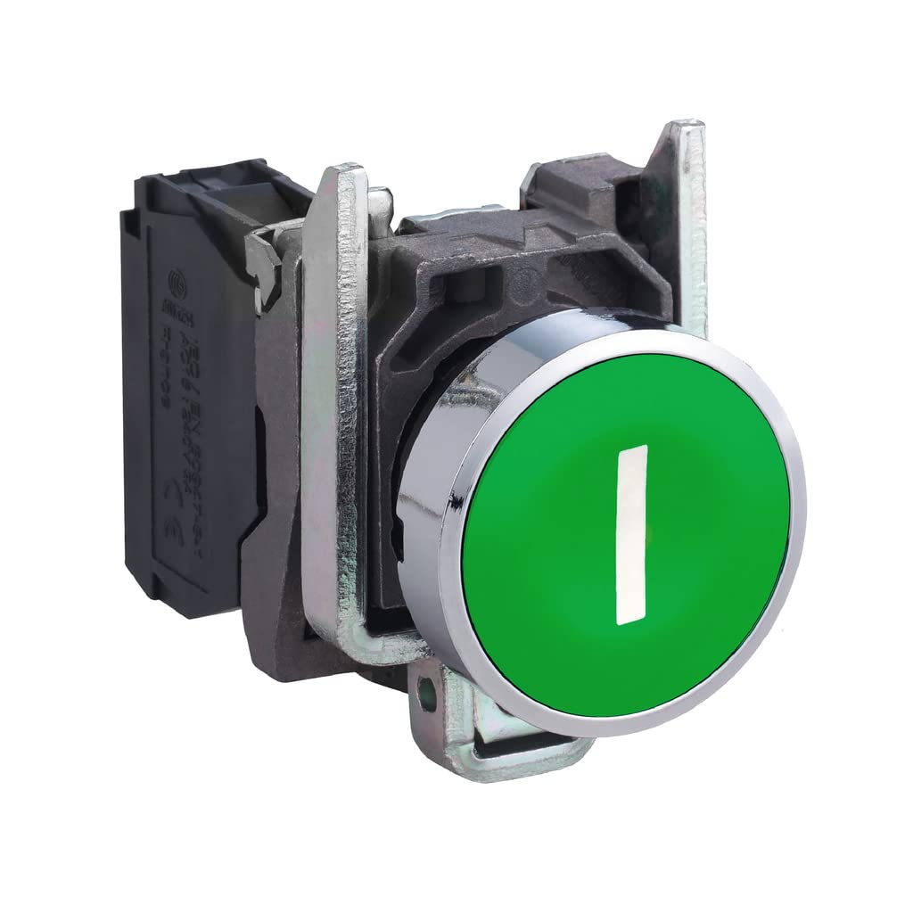 Schneider Electric Harmony XB4 - Push Button Switch, Metal, Spring Return, 1NO, 22 mm Mount, Marked I, Flush Operator Profile, XB4BA3311, Green