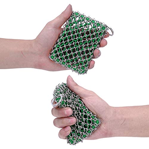 Cast Iron Skillet Cleaner Brush,Premium 316L Stainless Steel Chainmail Cleaning Scrubber Set with Silicone Insert,Kitchen Brush for Sink,Pot, Pan, Pre-Seasoned Pan,Dutch Ovens Waffle Pans Scraper