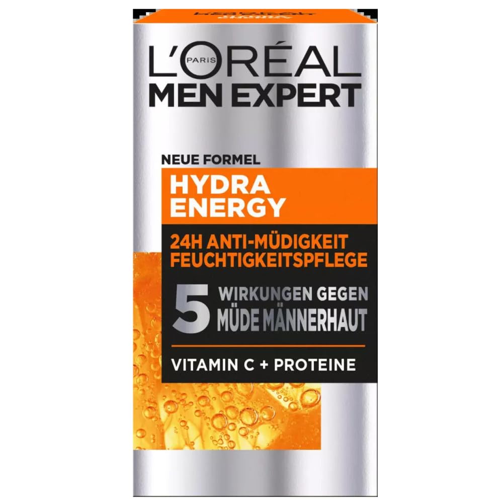 L'Oréal Men Expert Face Care for Men, Moisturising Cream with Guarana and 4x More Vitamin C, Hydra Energy Moisturiser 24H Anti-Fatigue 1 x 50 ml