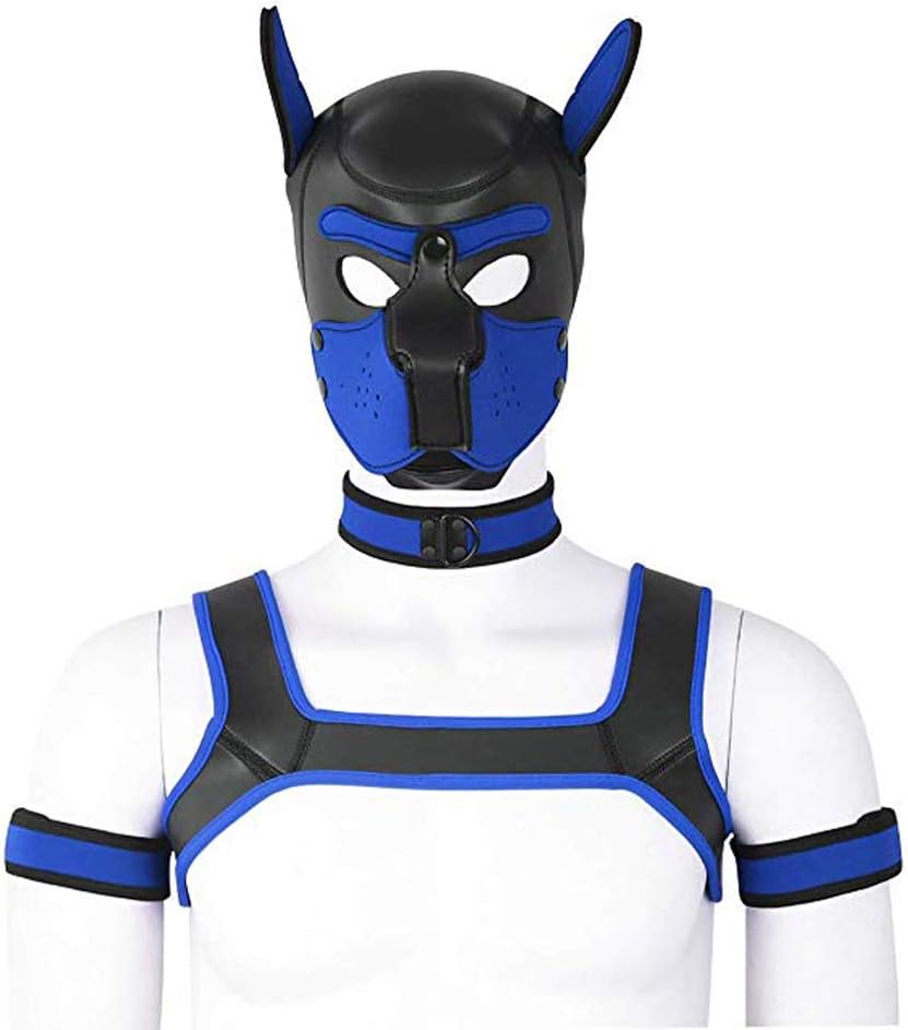 Minvy 4 Set 2 Size Neoprene Puppy Hood Custom Animal Head Mask Novelty Costume Dog Hood Mask,Collar,Armband And Harness (Blue, L)