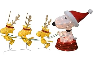 PRODUCTWORKS 60-Inch Peanuts 4-Piece 3D LED Pre-Lit Snoopy in Dog Bowl Sled with Woodstock Reindeer Christmas Décor, 180 Lights