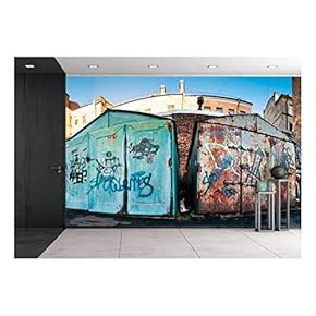 Old, Closed, Dusty and Rusty Garages in Ghetto - Removable Wall Mural | Self-Adhesive Large Wallpaper - 66x96 inches