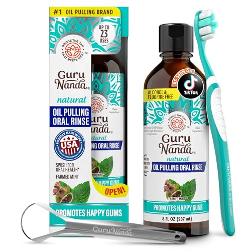 GuruNanda CocoMint Oil Pulling Mouthwash for Complete Oral Hygiene, 7 Essential Oils & Vitamins for Happy Teeth & Gums & Fresh Breath with Toothbrush & Tongue Scraper, Alcohol & Peroxide Free, 8 oz