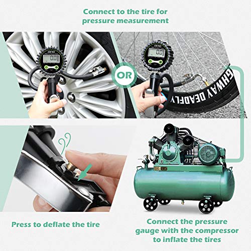 LOETAD Digital Tire Inflator with Pressure Gauge 200PSI Tire Pressure Gauge Inflator Deflator Compressor Accessories with 90° Valve Extender 360° Rubber Hose LCD - Thumbnail 3