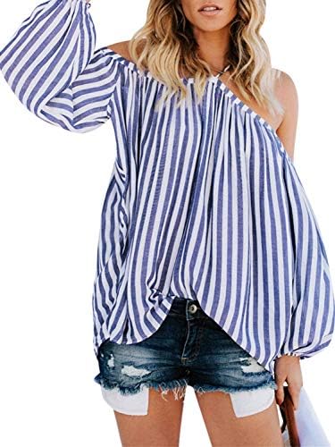 Women's Striped Off Shoulder Halter Blouse Long Sleeve Shirt Top Blouse Loose