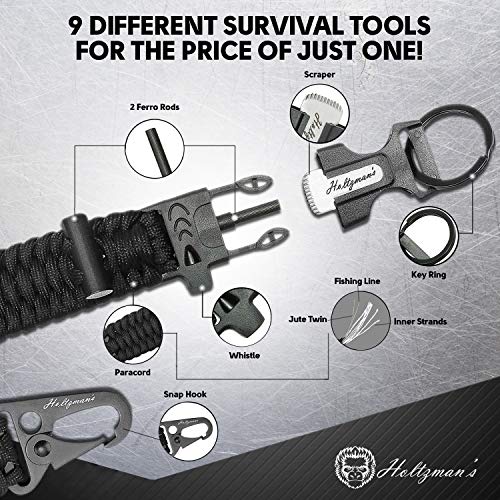 Fire Starter Paracord Keychain 9-in-1 Key Chain Lanyard with Carabiner for Camping, Fishing, Hunting & Outdoor Emergencies | Multipurpose Survival Tool W/Emergency Whistle, Flint Rod, Cutting Tool