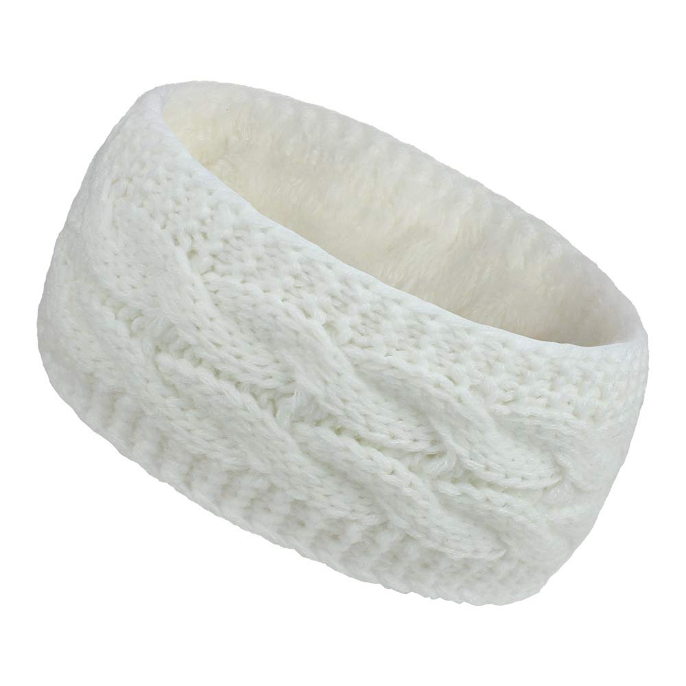 Women Ear Warmer Headband Fleece Lined Winter Warm Knitted Thick Hairband Thermal Headbands Elastic Hair Wrap (White)