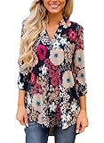 Chase Secret Womens Floral Printed V Neck Loose Caual Cuffed 3 4 Sleeve Blouses X-Large Dark Blue