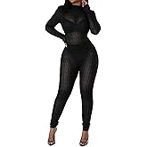 SxClub Clubwear Sexy Jumpsuit for Women Bodycon Long Sleeve See Through Long Skinny Pants for Evening Party