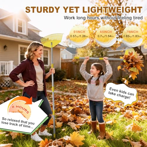 Garden Leaf Rake for Leaves - 42cm Wide Nylon Plastic Head,165cm Adjustable Lightweight Handle for Women Seniors Kids,23 Flexible Lawn-Friendly Tines for Grass,Pine Needle,Mulch,Small Debris