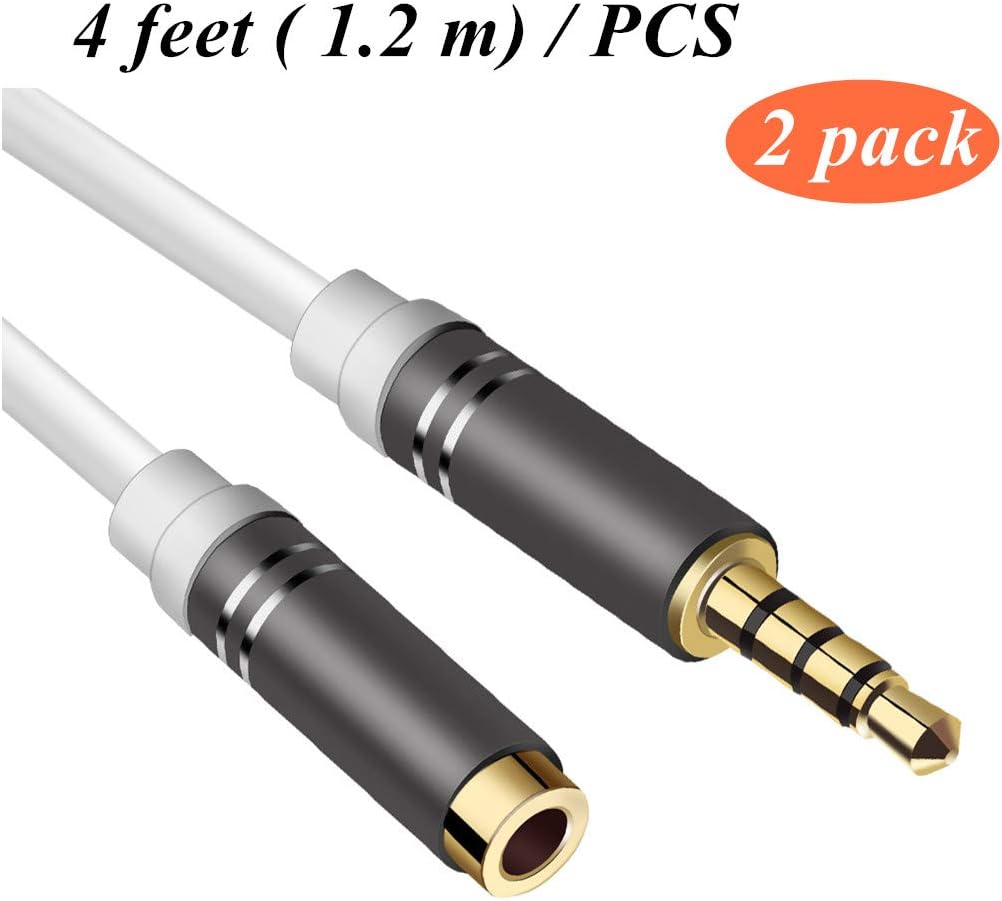 2 Pack 4 Ft Male to Female Audio Cable,Jeselry 4 Pole Hi-Fi Extension Stereo Sound 3.5mm Aux Cable Adapter/Auxiliary Cable/Aux Cord Compatible All 3.5mm-Enabled Devices for car 1.2M-White